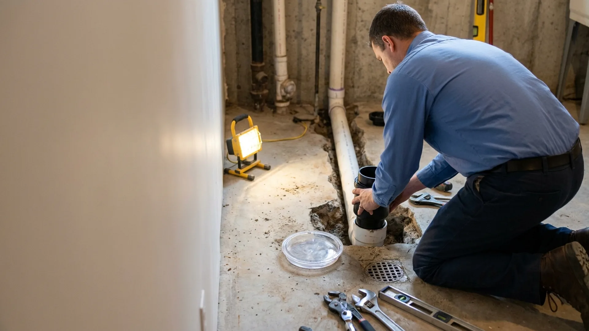 AK Water Works plumber working on a residential sewer line