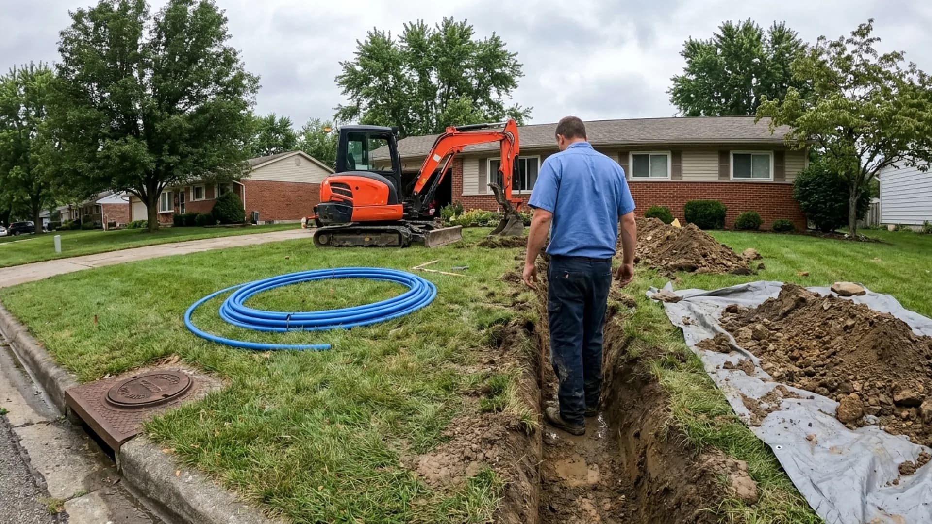 AK Water Works crew excavating a buried water service line in a Northeast Ohio yard