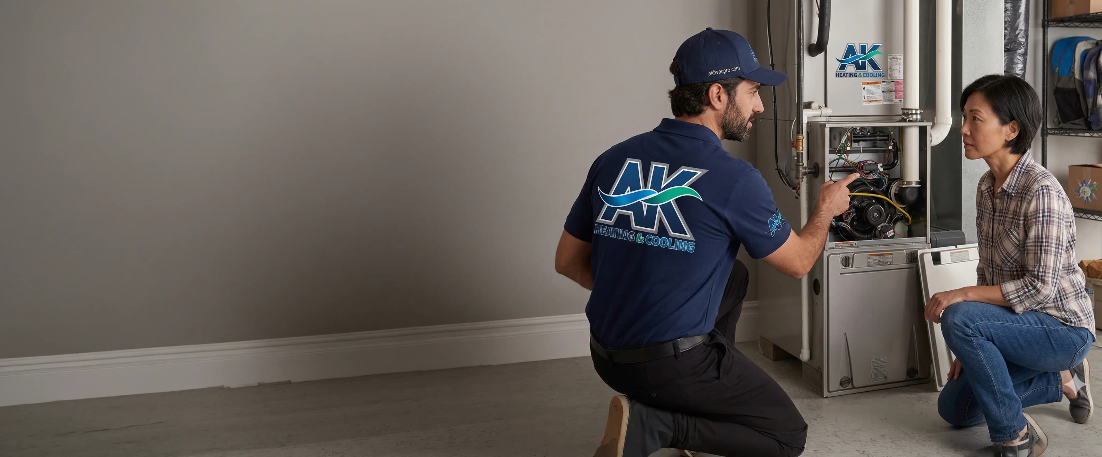 AK technician walking a homeowner through her gas furnace during a tune-up