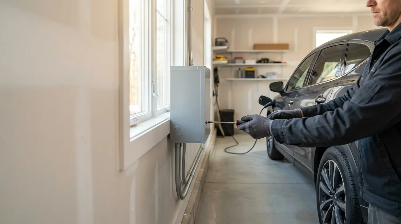 AK Water Works electrician installing a Level 2 EV charger in a Warren, Ohio garage
