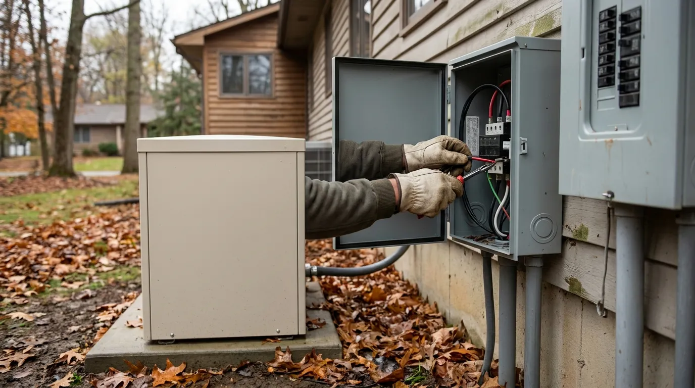 AK Water Works electrician installing a standby generator transfer switch beside an electrical panel in Warren, Ohio