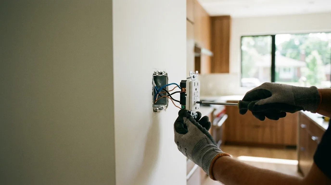 AK Water Works electrician installing a GFCI outlet in a Warren, Ohio home