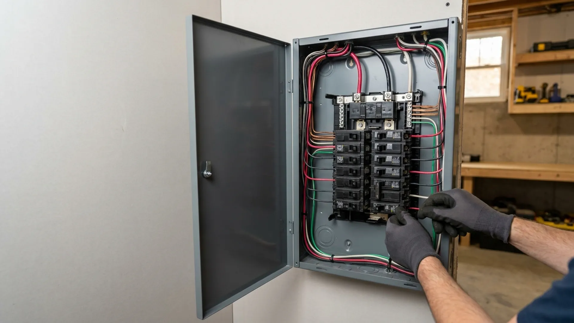 AK Water Works electrician installing a 200-amp electrical panel upgrade in Warren, Ohio