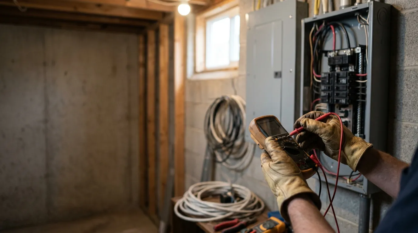 AK Water Works electrician troubleshooting an electrical fault with a multimeter in a Warren, Ohio home