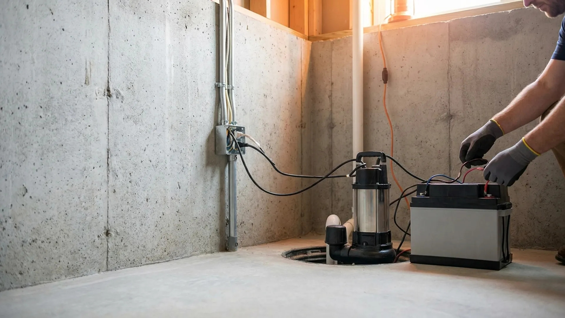 AK Water Works electrician wiring a dedicated sump pump circuit and battery backup in a Warren, Ohio basement