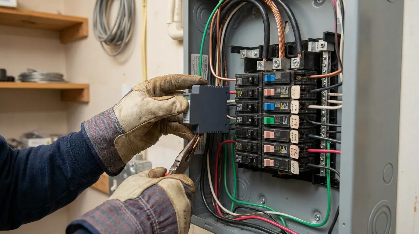 AK Water Works electrician installing a whole-home surge protector at an electrical panel in Warren, Ohio