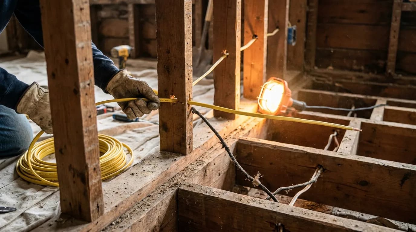 AK Water Works electrician running new copper wiring in an older Warren, Ohio home